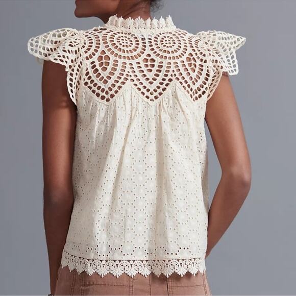 Jennifer & Grace NWT Antique White Eyelet Boho Flutter Sleeve Blouse Small - Picture 9 of 15